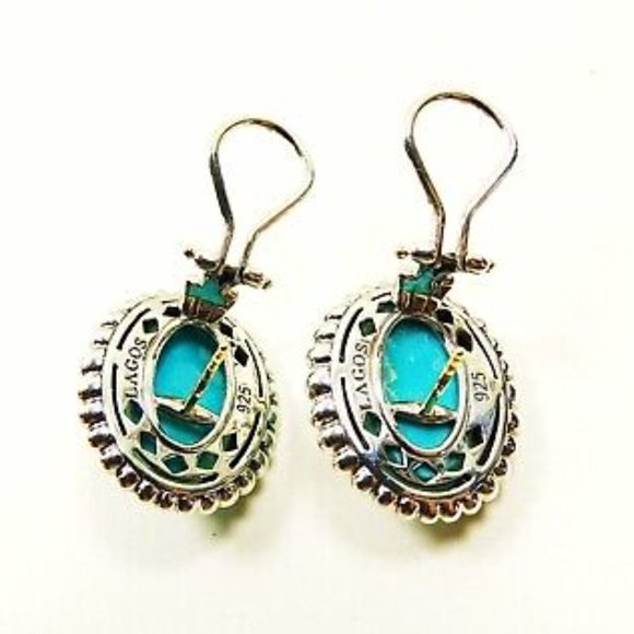 LAGOS Venus Sterling Silver 18K Gold Post Fluted Turquoise Earrings - Picture 5 of 10